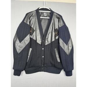 Vintage Alan Stuart Black Leather Knit Cardigan Sweater Mens Large 90s Cosby Y2K